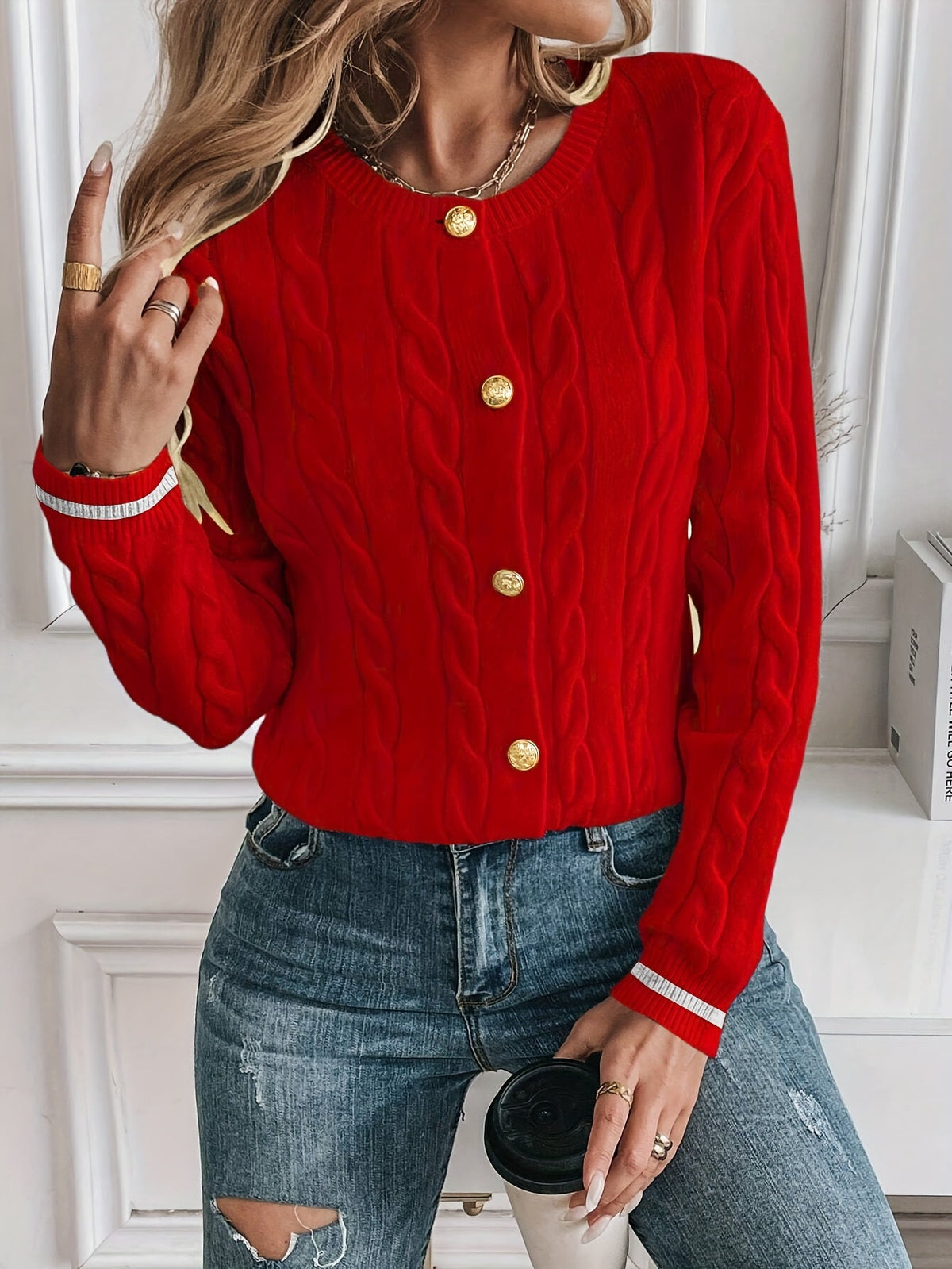 Dorothea Cable Knit Button Detail Open Front Cardigan