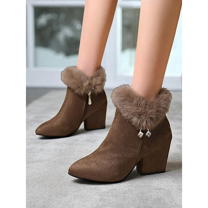 Annette Plush Collar Pointed Toe Block Heel Ankle Boots