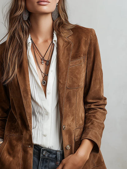 Heloise Notch Lapel Button Front Suede Blazer