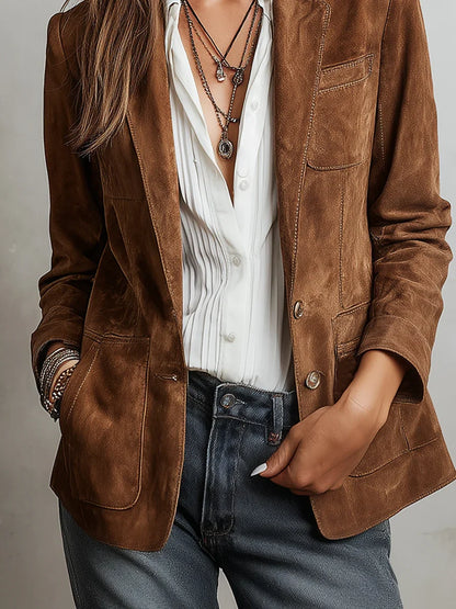 Heloise Notch Lapel Button Front Suede Blazer