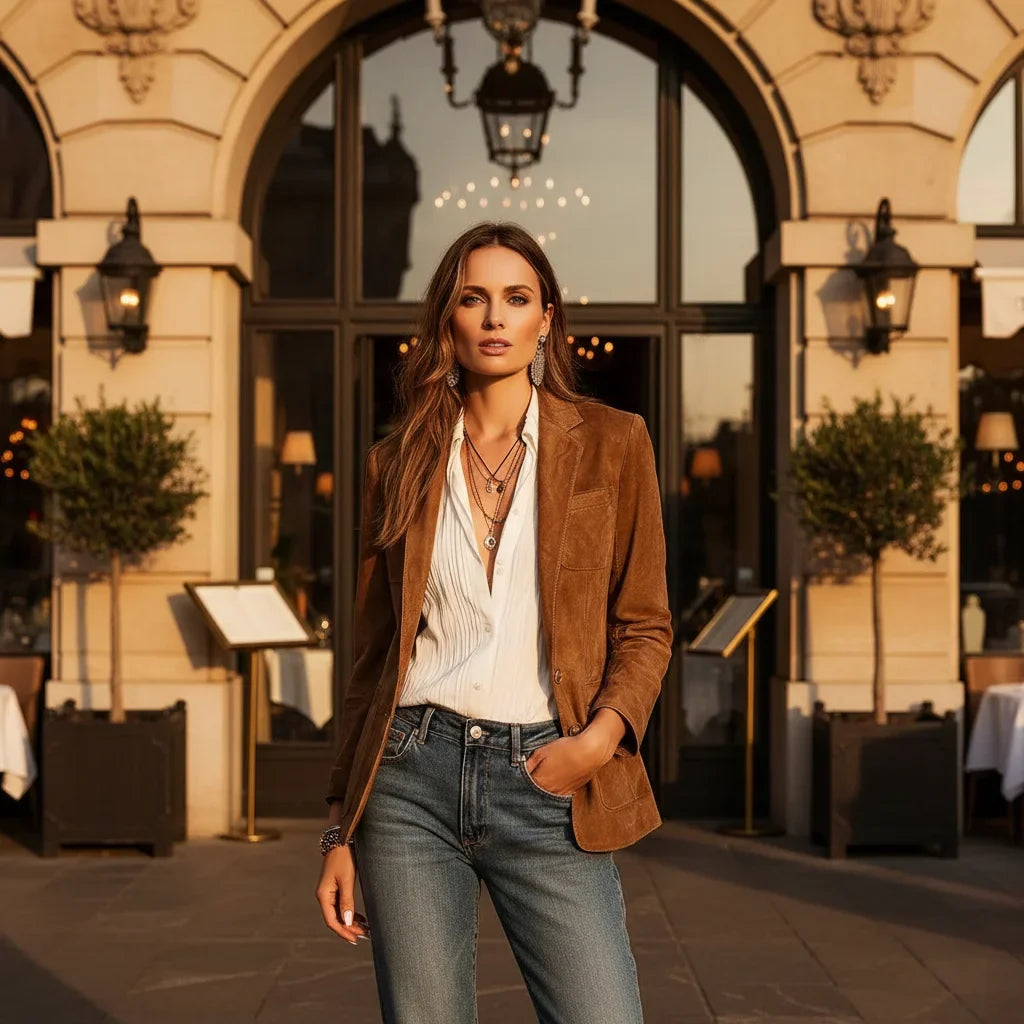 Heloise Notch Lapel Button Front Suede Blazer