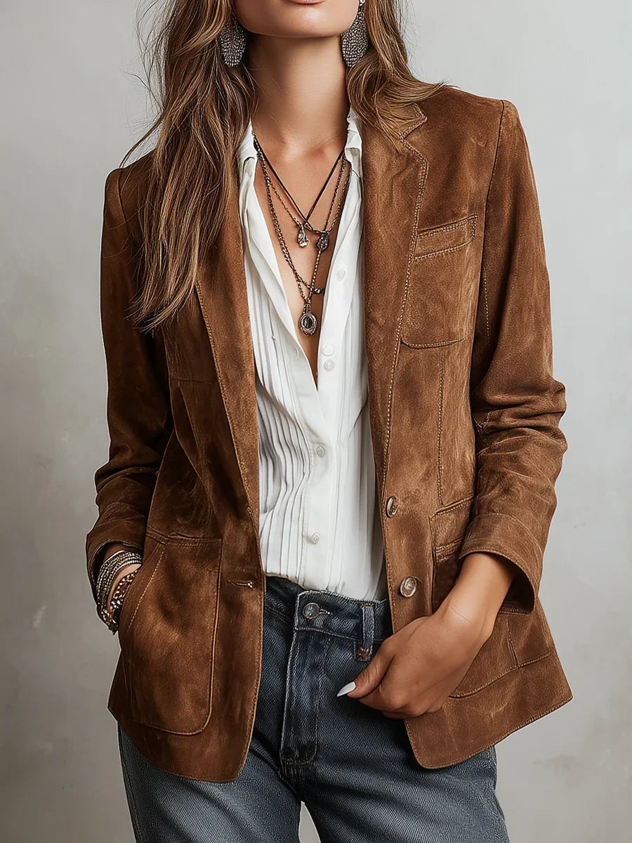 Heloise Notch Lapel Button Front Suede Blazer