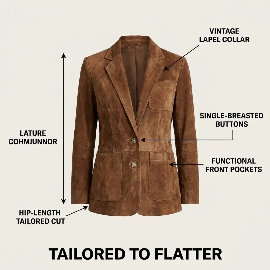 Heloise Notch Lapel Button Front Suede Blazer