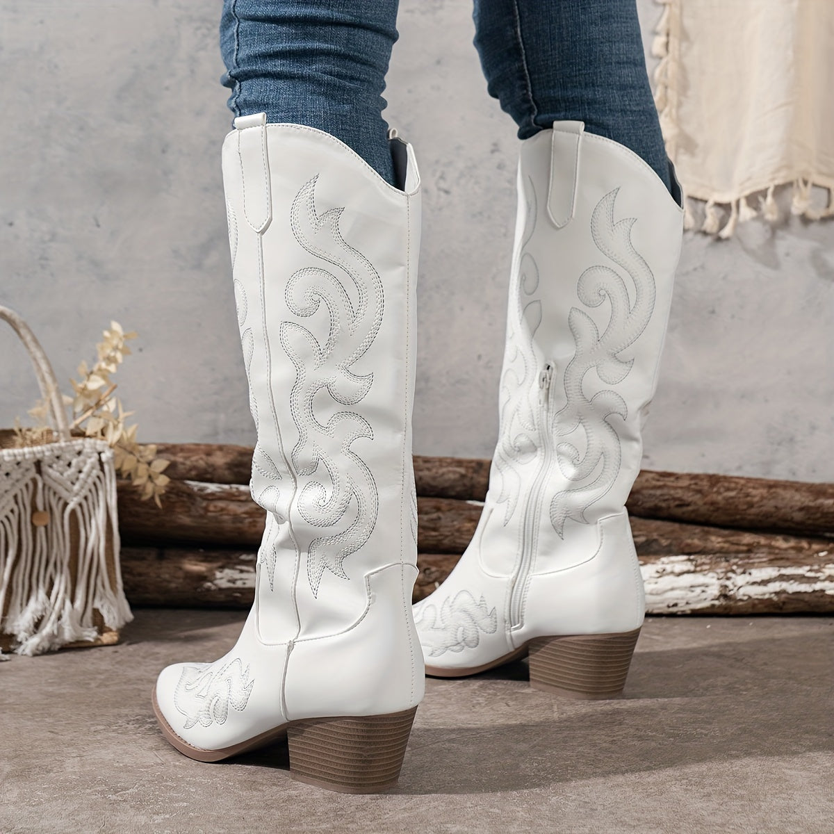 Alessandra Embroidered Knee High Block Heel Cowboy Boots