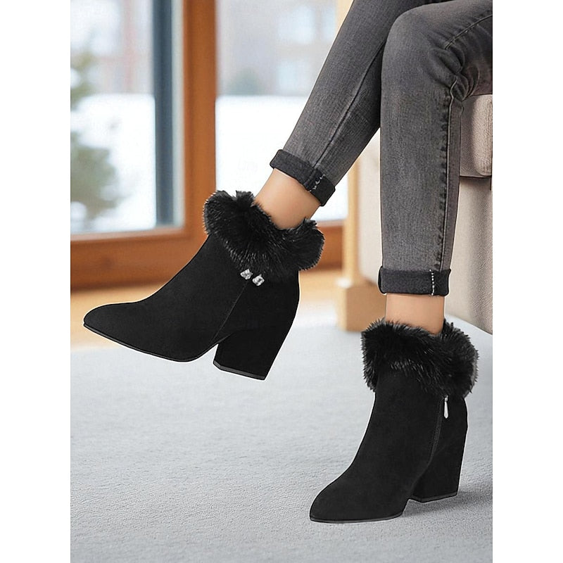 Annette Plush Collar Pointed Toe Block Heel Ankle Boots