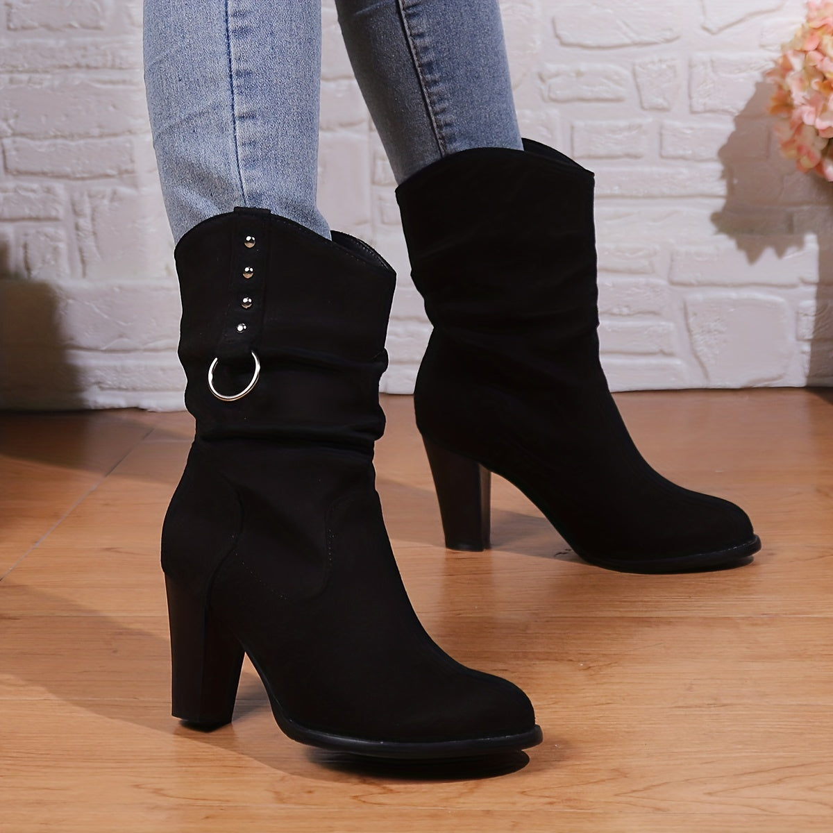 Lucinda Slouch Ring Detail Block Heel Western Boots