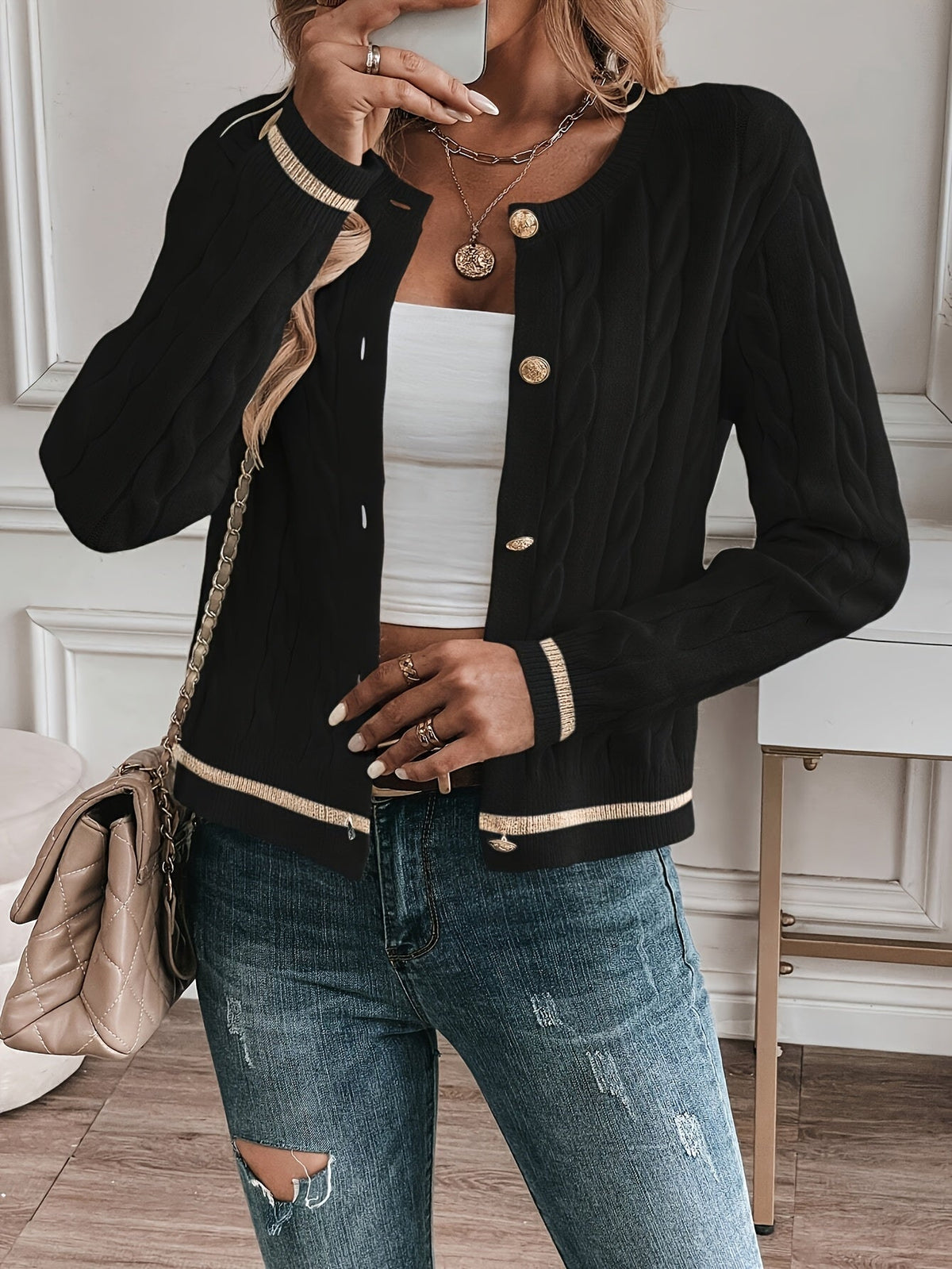 Dorothea Cable Knit Button Detail Open Front Cardigan