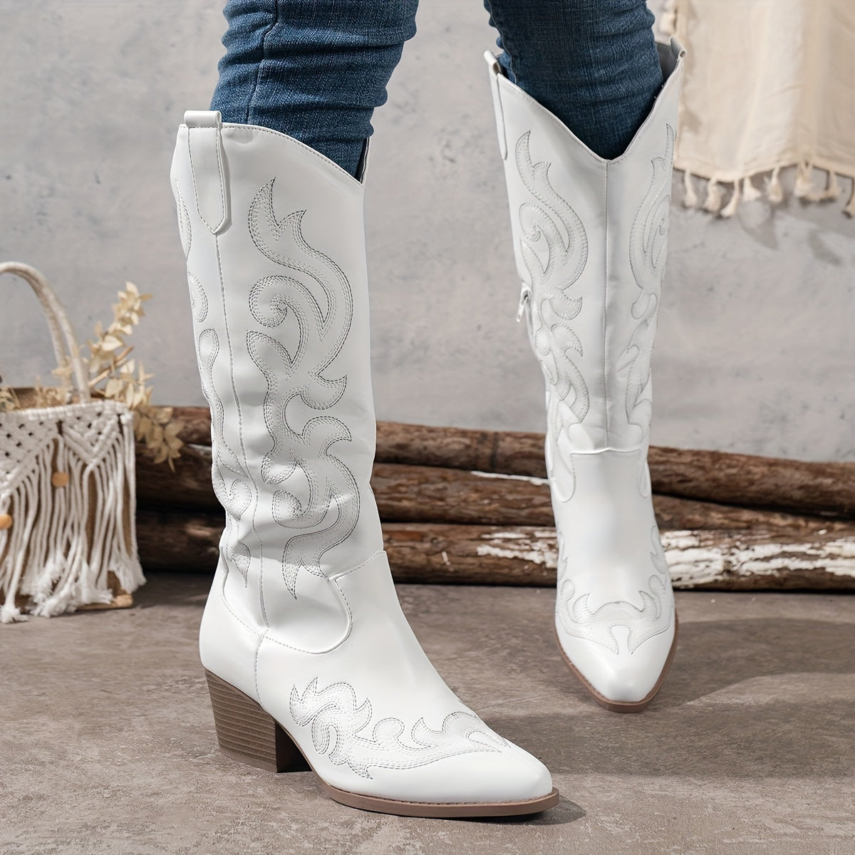 Alessandra Embroidered Knee High Block Heel Cowboy Boots