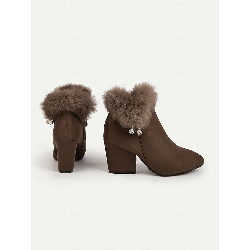 Annette Plush Collar Pointed Toe Block Heel Ankle Boots