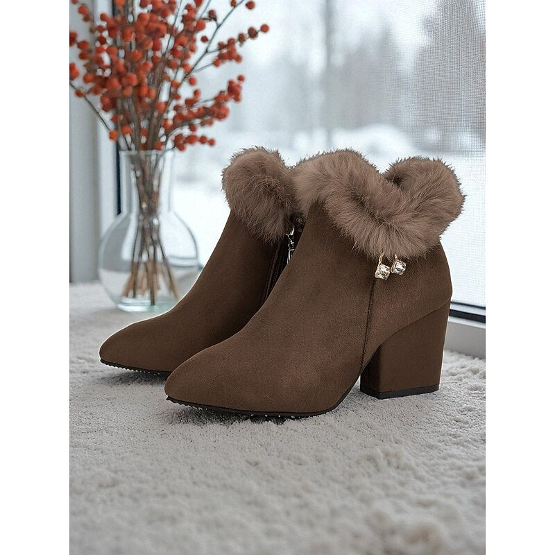 Annette Plush Collar Pointed Toe Block Heel Ankle Boots