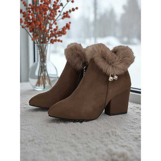 Annette Plush Collar Pointed Toe Block Heel Ankle Boots