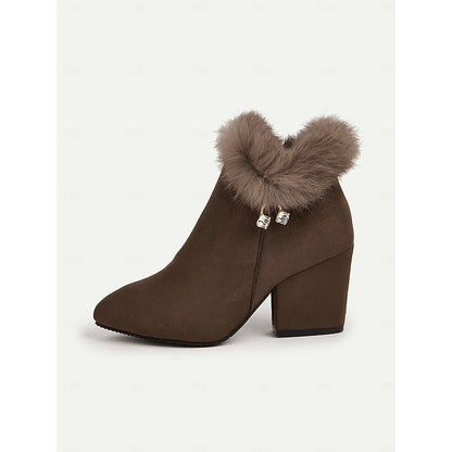 Annette Plush Collar Pointed Toe Block Heel Ankle Boots