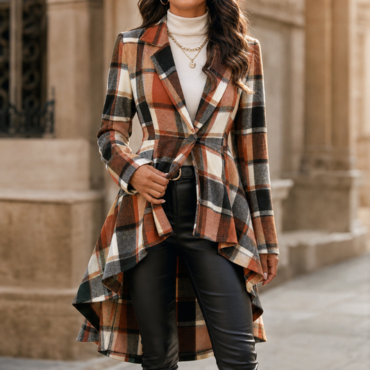 Ophelia Single Button Plaid Peplum High Low Coat