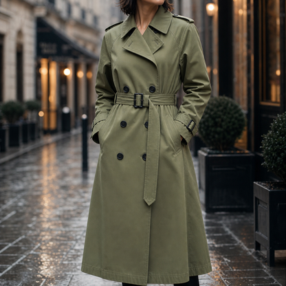 Amara Belted Double-Breasted Long Trench Coat