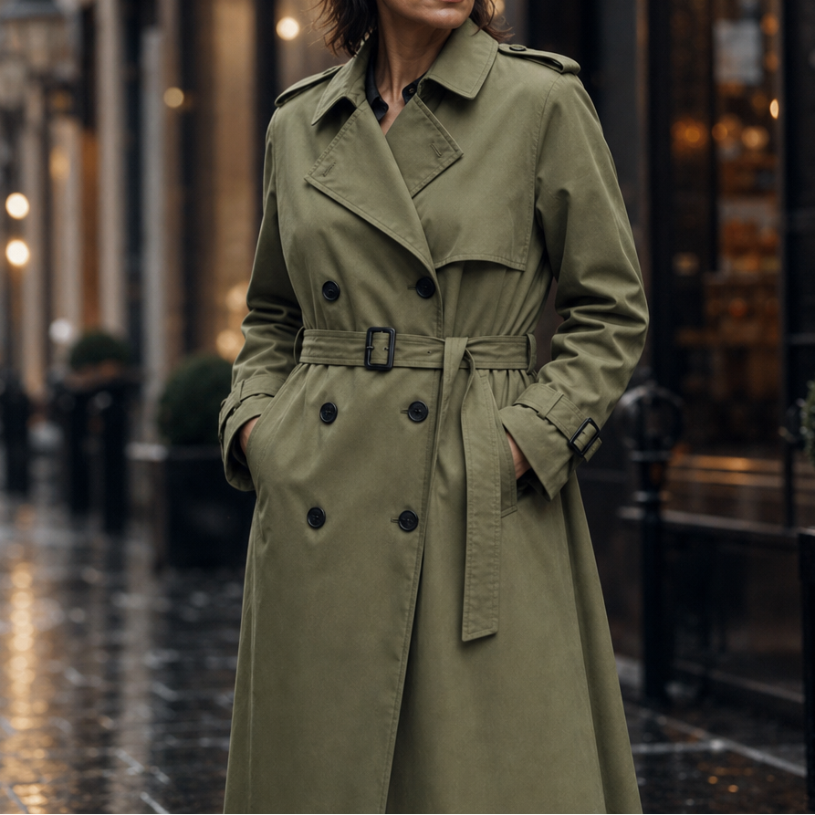 Amara Belted Double-Breasted Long Trench Coat