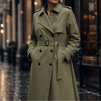 Amara Belted Double-Breasted Long Trench Coat