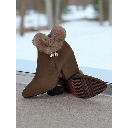 Annette Plush Collar Pointed Toe Block Heel Ankle Boots