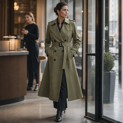 Amara Belted Double-Breasted Long Trench Coat