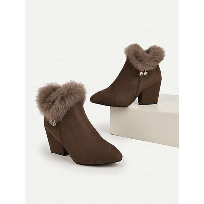 Annette Plush Collar Pointed Toe Block Heel Ankle Boots