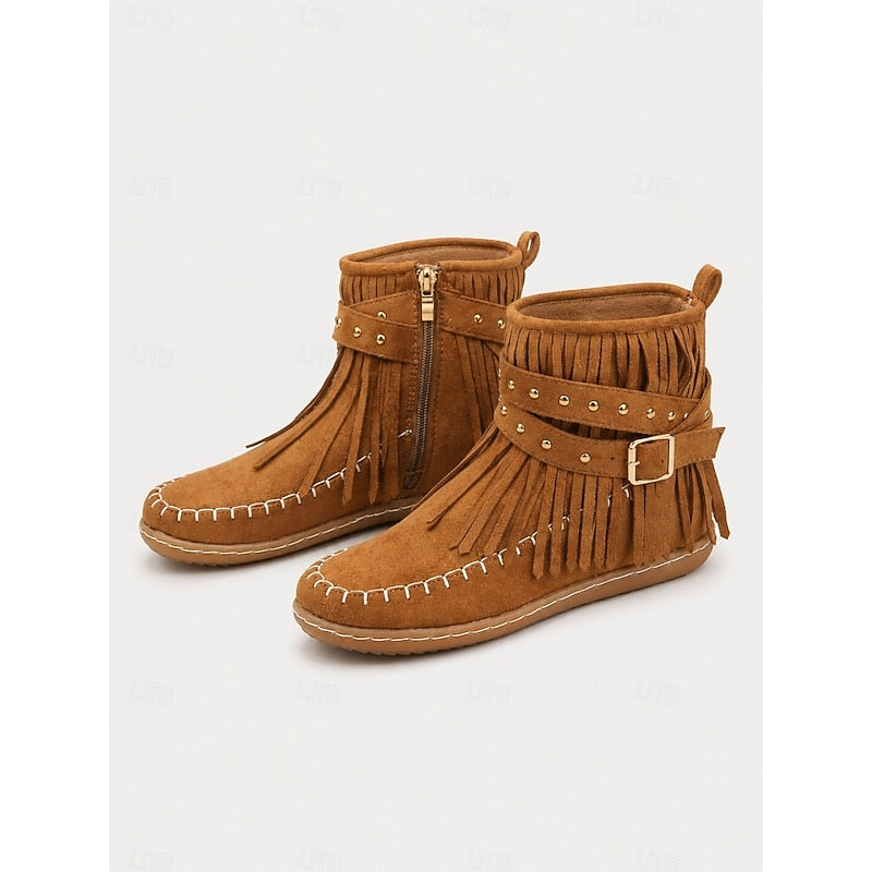 Sienna Fringed Western Flat Ankle Boots