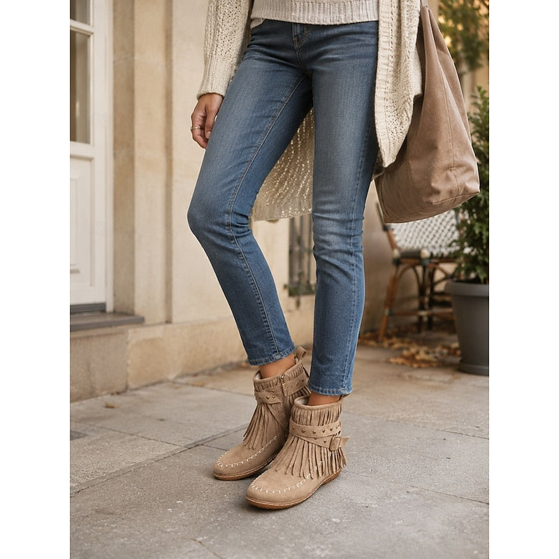 Sienna Fringed Western Flat Ankle Boots