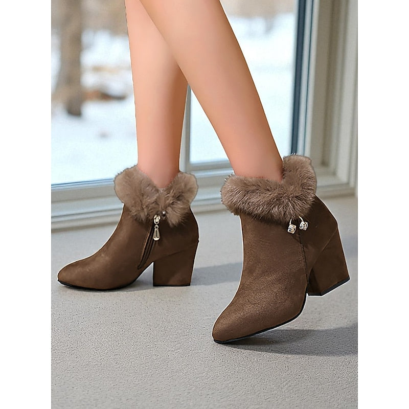 Annette Plush Collar Pointed Toe Block Heel Ankle Boots
