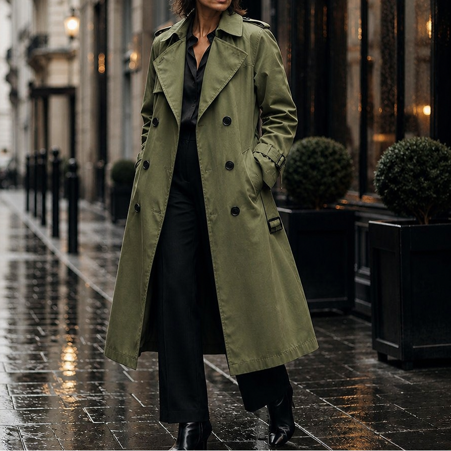 Amara Belted Double-Breasted Long Trench Coat