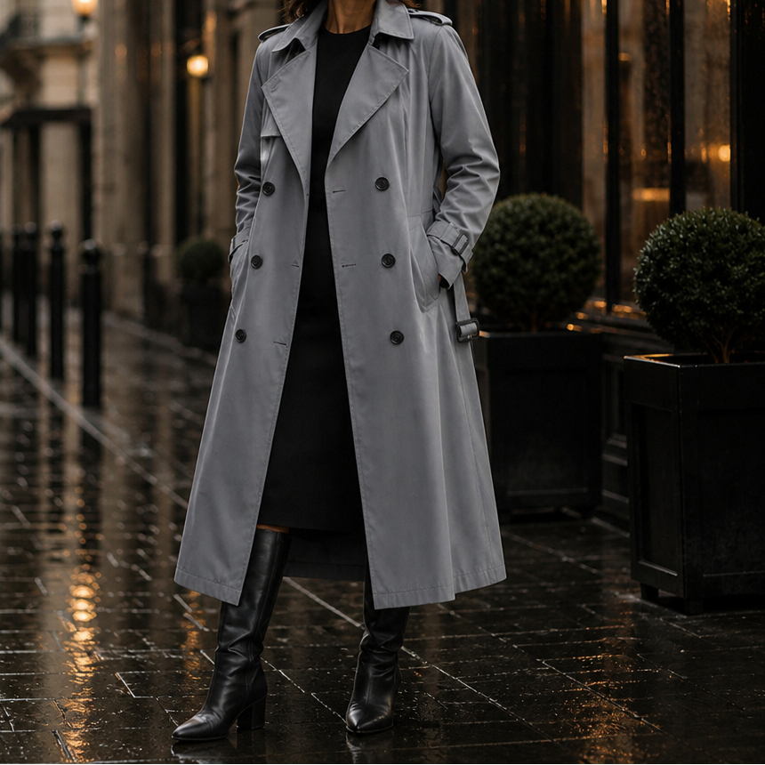 Amara Belted Double-Breasted Long Trench Coat