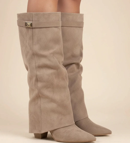 Oriana Suede Slouch Buckle Knee High Block Heel Boots