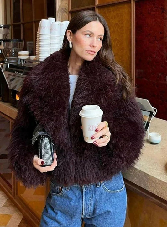 Ameline Burgundy Oversized Collar Faux Fur Coat