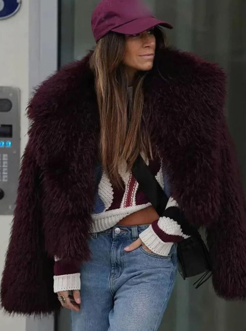 Ameline Burgundy Oversized Collar Faux Fur Coat