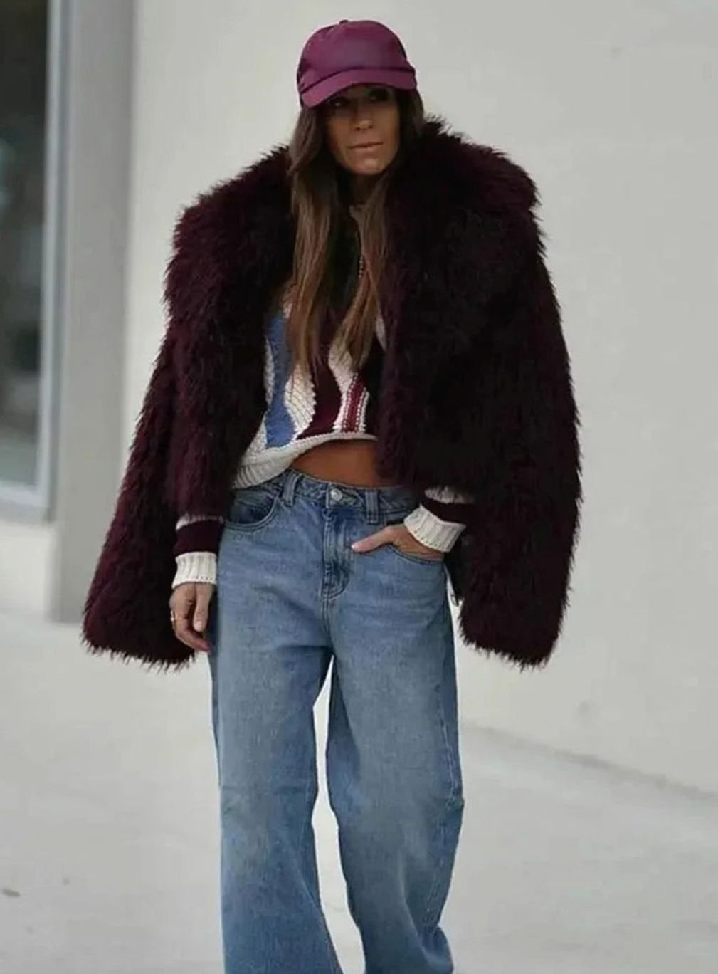 Ameline Burgundy Oversized Collar Faux Fur Coat