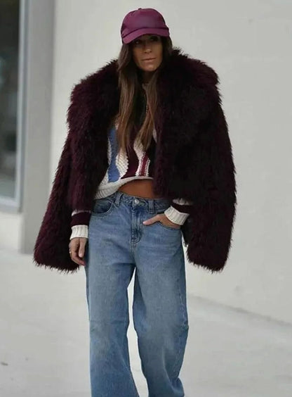 Ameline Burgundy Oversized Collar Faux Fur Coat