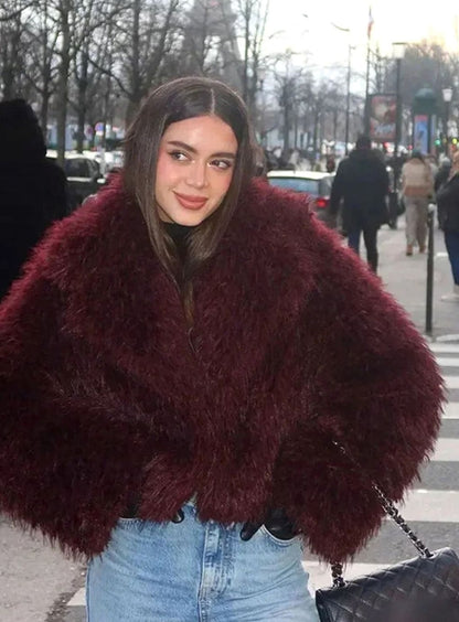 Ameline Burgundy Oversized Collar Faux Fur Coat