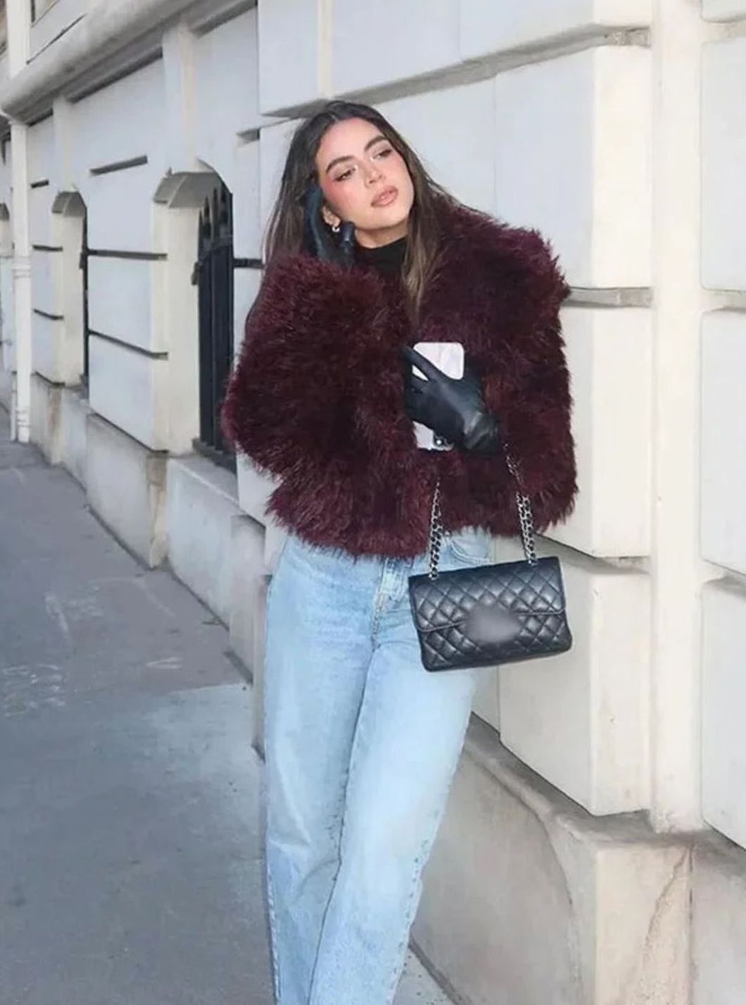 Ameline Burgundy Oversized Collar Faux Fur Coat