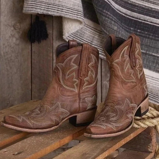 Emilia Embroidered Block Heel Cowboy Ankle Boots
