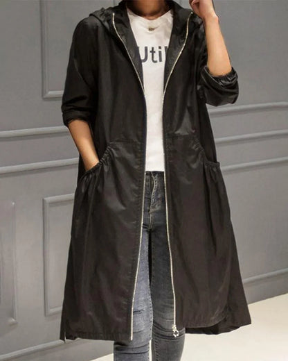 Carina Hooded Zip-Up A-Line Long Trench Coat