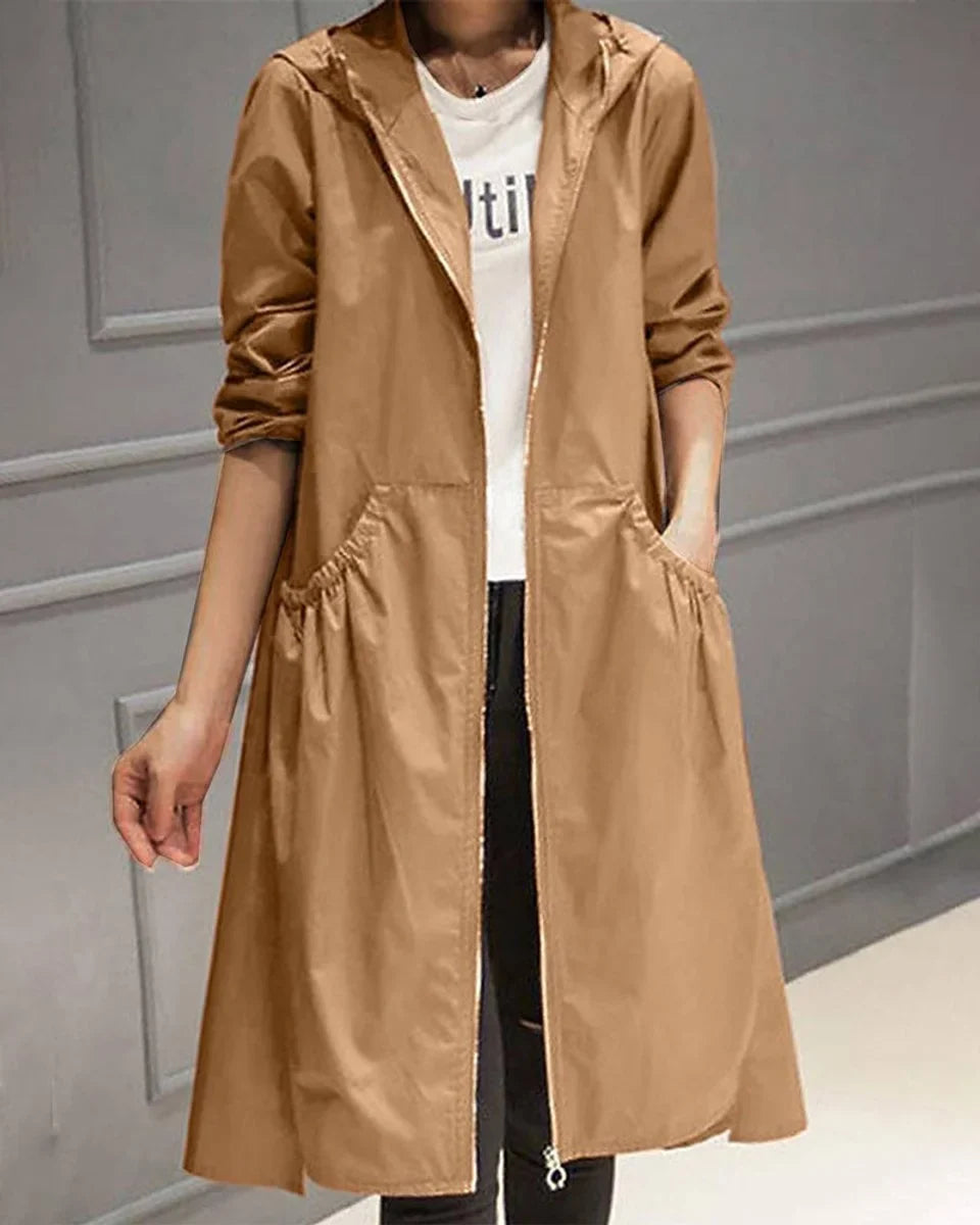 Carina Hooded Zip-Up A-Line Long Trench Coat