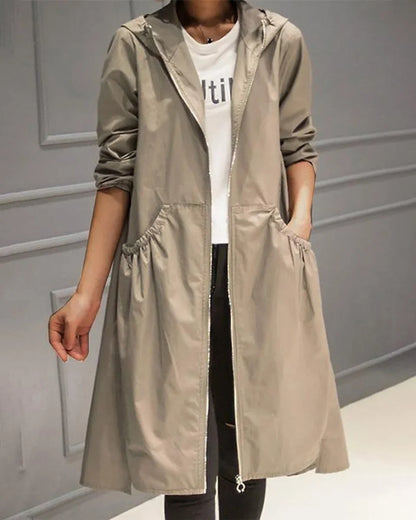 Carina Hooded Zip-Up A-Line Long Trench Coat