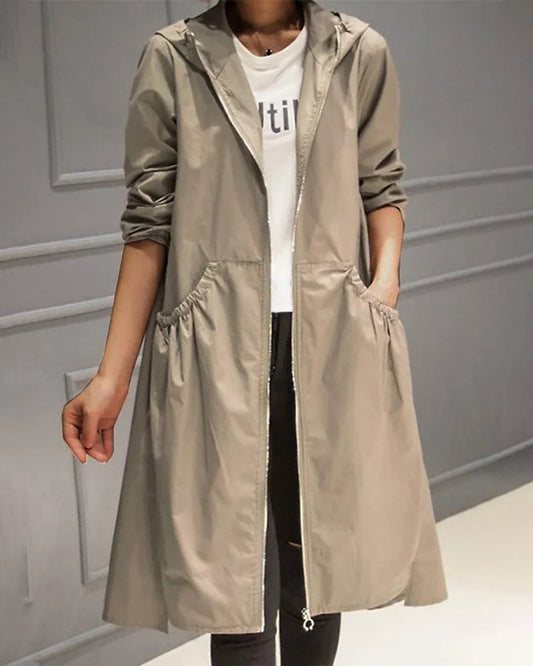 Carina Hooded Zip-Up A-Line Long Trench Coat