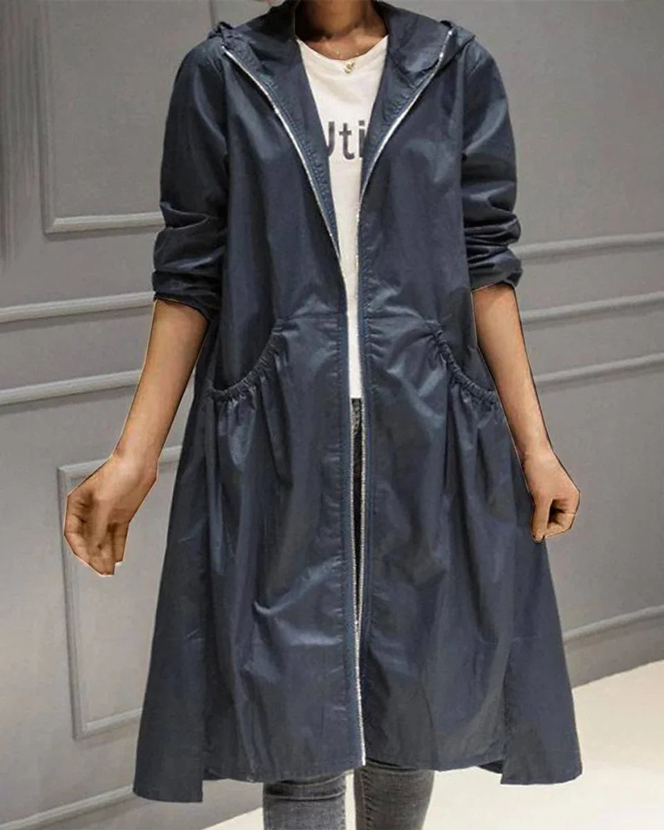 Carina Hooded Zip-Up A-Line Long Trench Coat