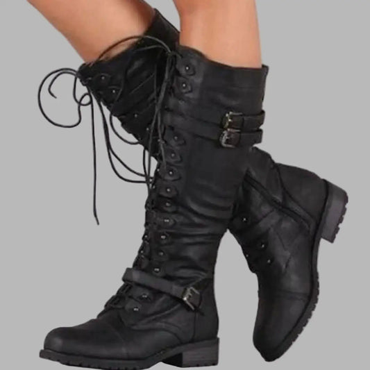 Valentina Knee High Lace-Up Buckle Combat Boots