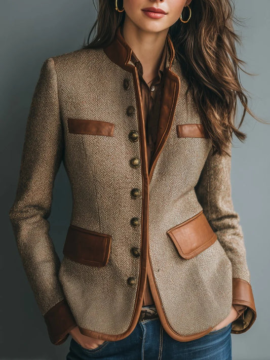 Joelle Herringbone Tweed Leather Look Trim Jacket